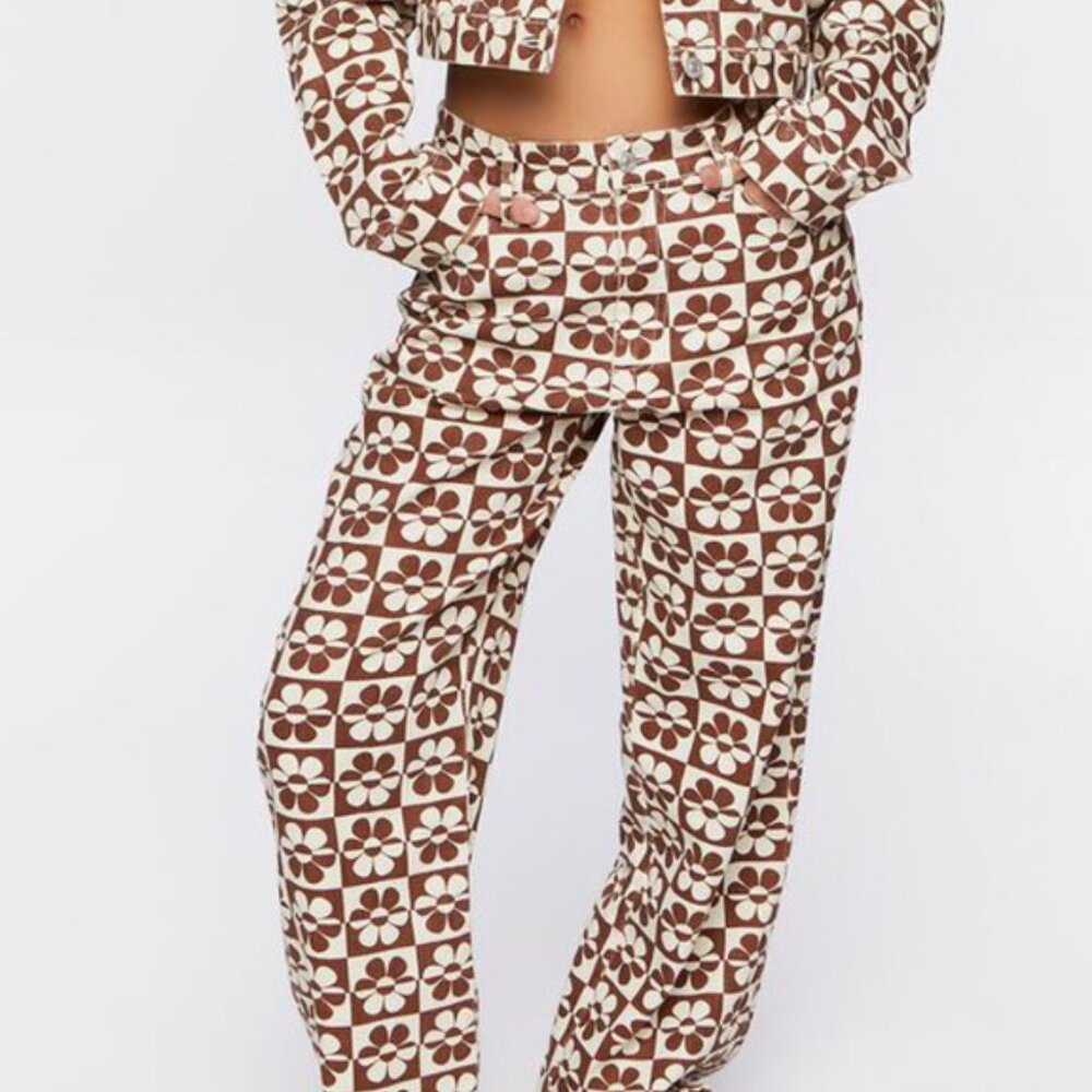 Forever 21 Brown and Cream Floral Straight Leg Jeans